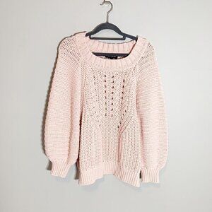 Express light pink balloon sleeve gathered wrist‎ open knit pullover sweater